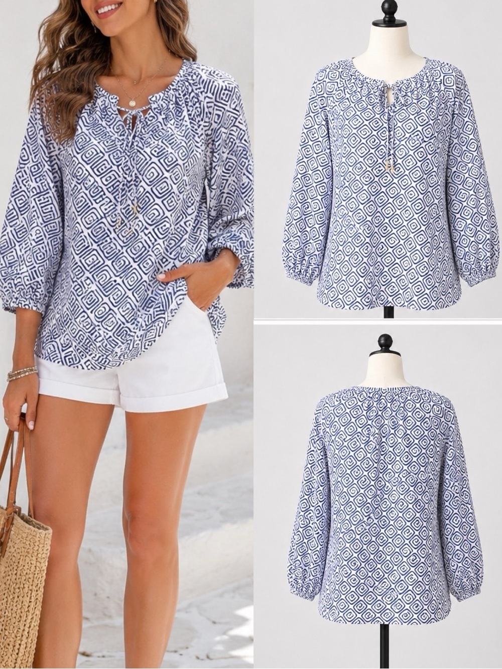 French Curve | NWOT 100% Cotton Boho Blue White Geometric Greek Key Tunic (S)